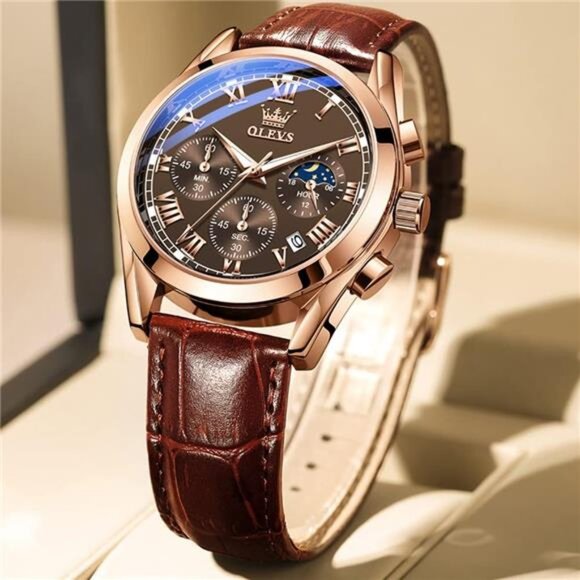 Men's Leather Strap Analog Quartz Watch - Fashion Big Dial Date Waterproof - Picture 5 of 7